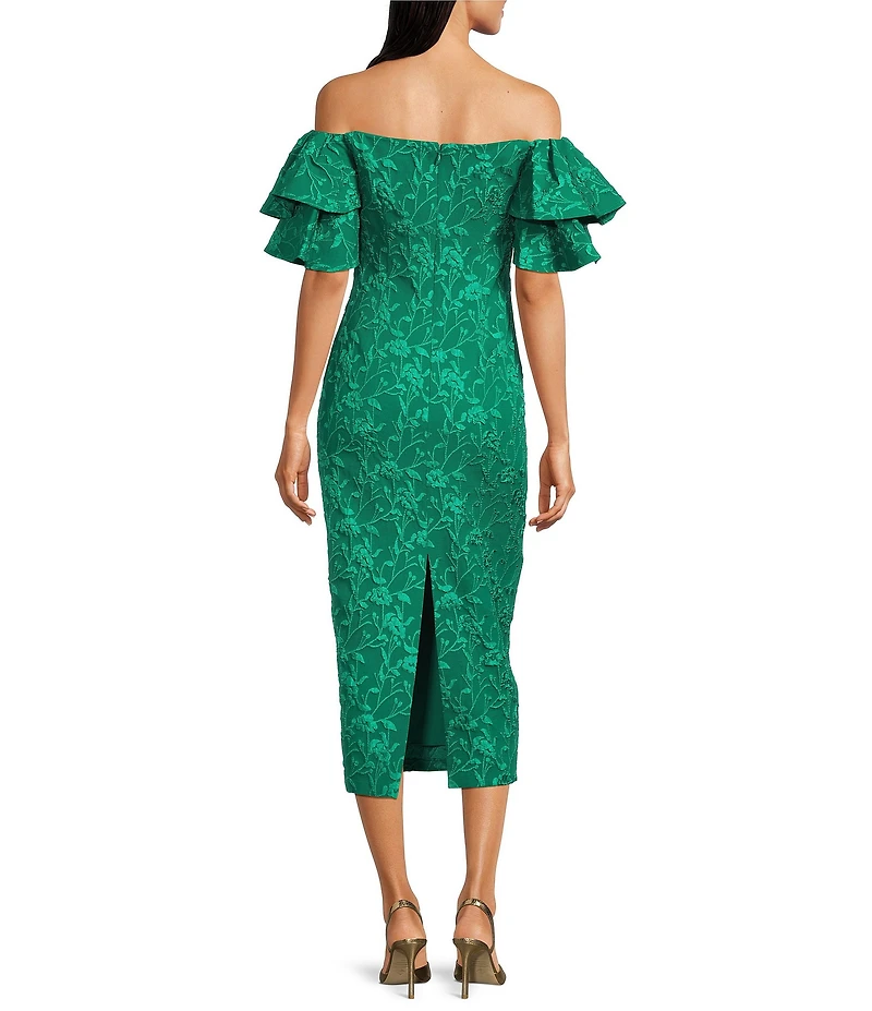 Eliza J Off-The-Shoulder Ruffle Short Sleeve Jacquard Sheath Midi Dress