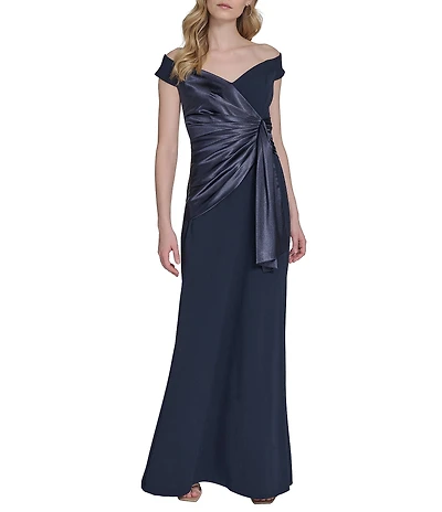 Eliza J Off-the-Shoulder Satin Scuba Crepe Gown