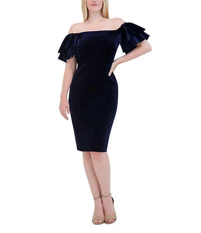 Eliza J Off-The-Shoulder Short Ruffle Sleeve Velvet Sheath Dress