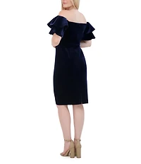 Eliza J Off-The-Shoulder Short Ruffle Sleeve Velvet Sheath Dress