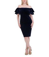 Eliza J Off-The-Shoulder Short Ruffle Sleeve Velvet Sheath Dress