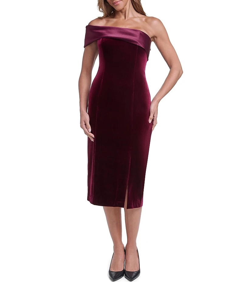 Eliza J Off the Shoulder Velvet Column Midi Dress