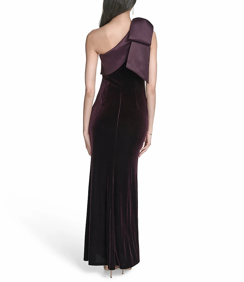 Eliza J One Shoulder Bow Stretch Velvet Column Gown