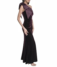 Eliza J One Shoulder Bow Stretch Velvet Column Gown