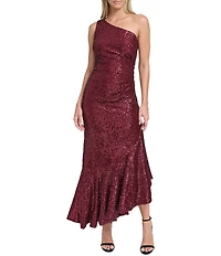 Eliza J One Shoulder Cocktail Midi Dress With Asymmetrical Ruffle Hem