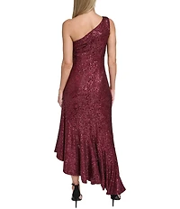 Eliza J One Shoulder Cocktail Midi Dress With Asymmetrical Ruffle Hem