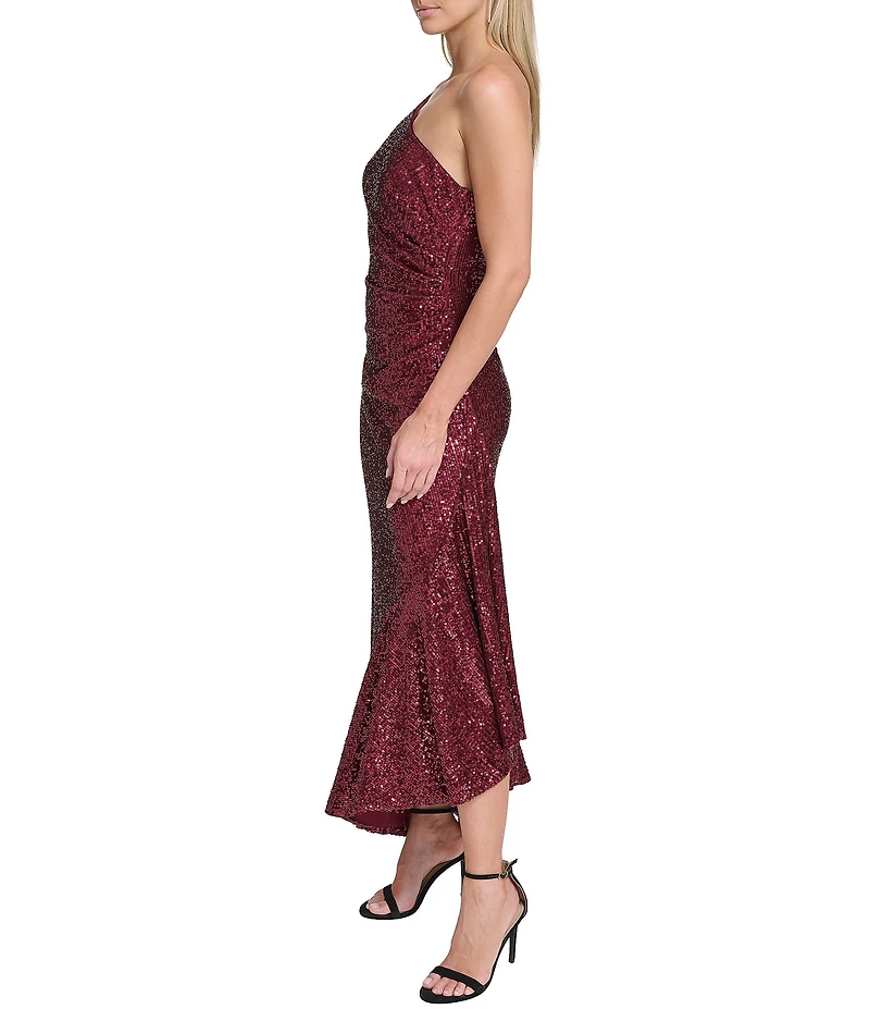 Eliza J One Shoulder Cocktail Midi Dress With Asymmetrical Ruffle Hem