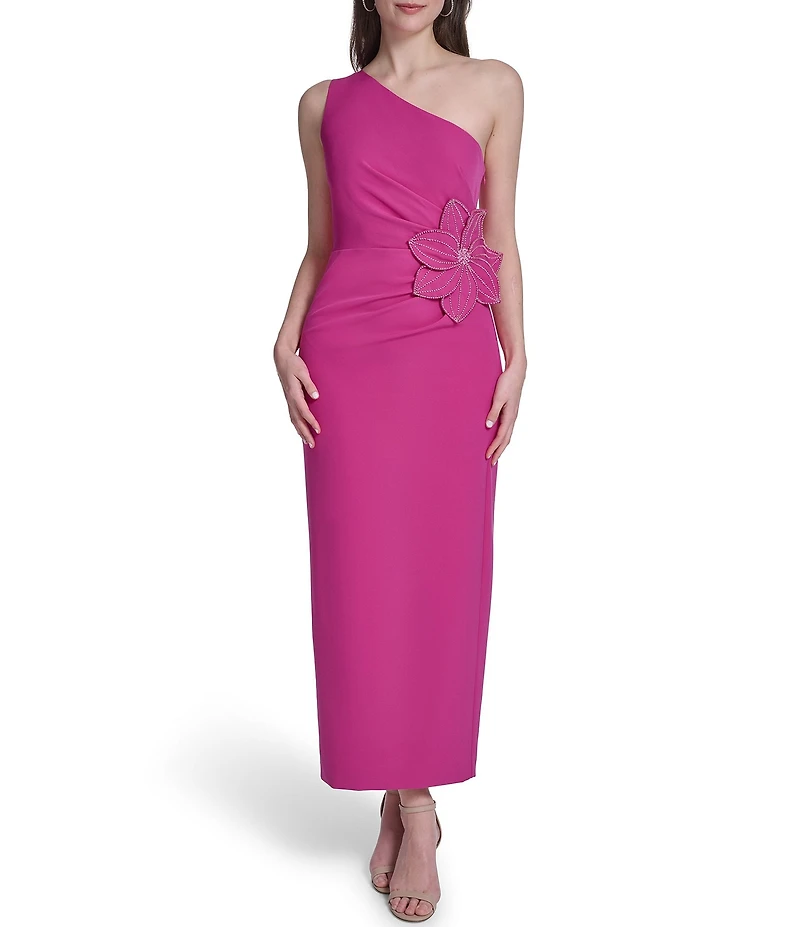 Eliza J One Shoulder Crepe Pleated Embellished Flower Midi Dress