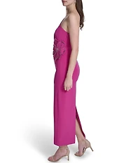 Eliza J One Shoulder Crepe Pleated Embellished Flower Midi Dress