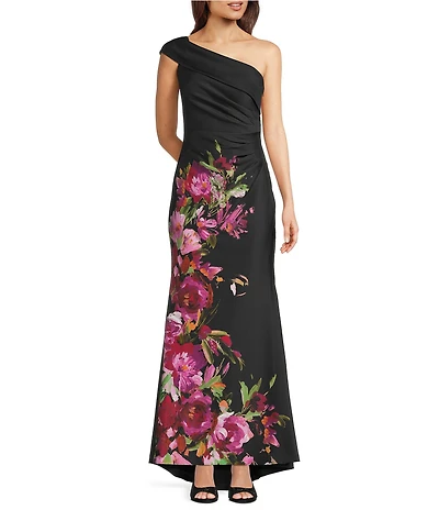 Eliza J One Shoulder Strapless Floral A-Line Gown