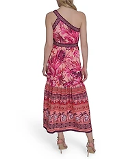 Eliza J One Shoulder Tropical Floral Print Tiered A-Line Midi Dress