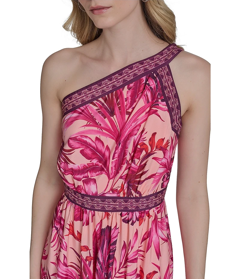 Eliza J One Shoulder Tropical Floral Print Tiered A-Line Midi Dress