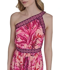 Eliza J One Shoulder Tropical Floral Print Tiered A-Line Midi Dress