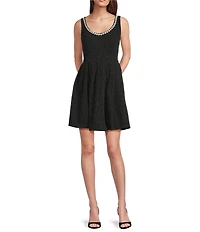 Eliza J Pearl Trim Tweed Scoop Neck Mini Dress