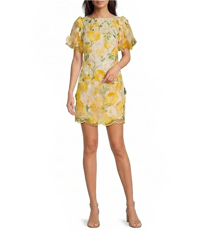 Eliza J Petite Size 3D Floral Embroidered Mesh Crew Neck Short Puff Sleeve Sheath Dress