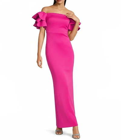Eliza J Petite Size 3D Scuba Off The Shoulder Ruffle Sleeve Mermaid Gown