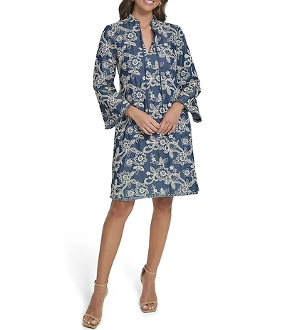 Eliza J Petite Size Embroidered Denim 3/4 Sleeve Crew Keyhole Neckline Tie Front Shift Dress