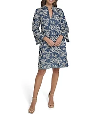 Eliza J Petite Size Embroidered Denim 3/4 Sleeve Crew Keyhole Neckline Tie Front Shift Dress