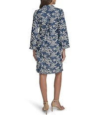 Eliza J Petite Size Embroidered Denim 3/4 Sleeve Crew Keyhole Neckline Tie Front Shift Dress