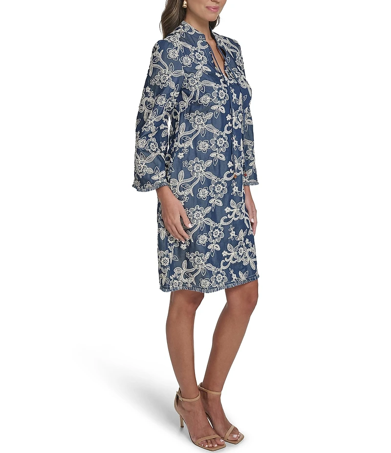 Eliza J Petite Size Embroidered Denim 3/4 Sleeve Crew Keyhole Neckline Tie Front Shift Dress
