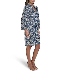 Eliza J Petite Size Embroidered Denim 3/4 Sleeve Crew Keyhole Neckline Tie Front Shift Dress