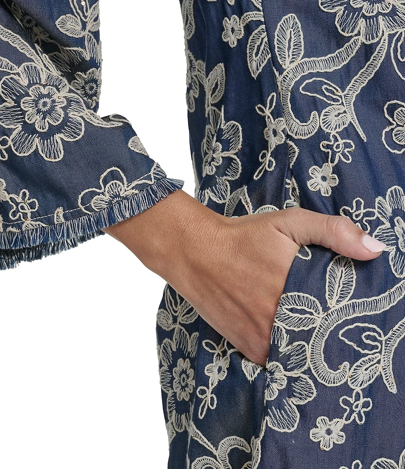 Eliza J Petite Size Embroidered Denim 3/4 Sleeve Crew Keyhole Neckline Tie Front Shift Dress