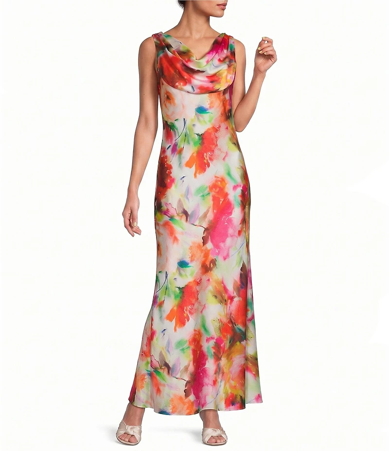 Eliza J Petite Size Floral Print Cowl Neck Sleeveless Gown