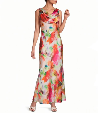Eliza J Petite Size Floral Print Cowl Neck Sleeveless Gown