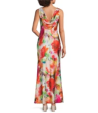 Eliza J Petite Size Floral Print Cowl Neck Sleeveless Gown