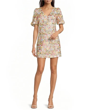 Eliza J Petite Size Floral Print Embroidered Mesh V-Neck Short Puff Sleeve Fit And Flare Dress