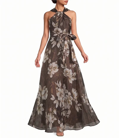 Eliza J Petite Size Halter Neck Floral Shimmer Organza Aline Gown
