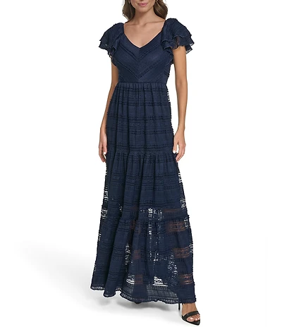 Eliza J Petite Size Lace Flutter Sleeve Tiered Maxi Dress