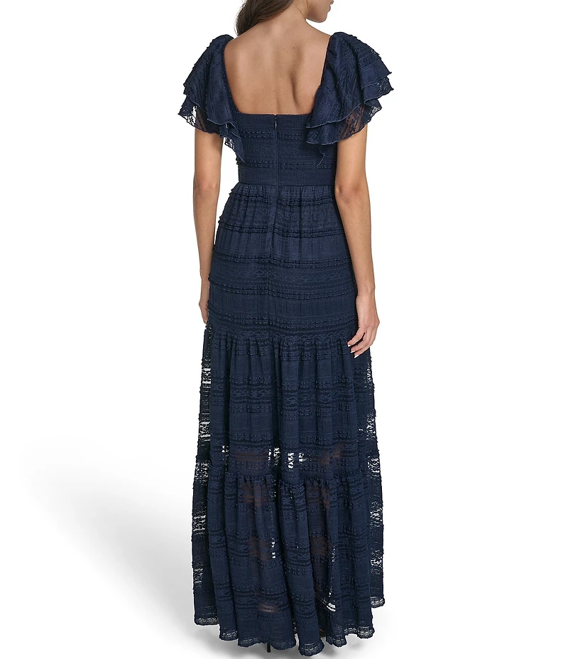 Eliza J Petite Size Lace Flutter Sleeve Tiered Maxi Dress