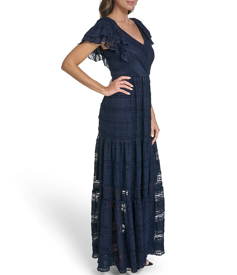 Eliza J Petite Size Lace Flutter Sleeve Tiered Maxi Dress