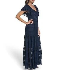 Eliza J Petite Size Lace Flutter Sleeve Tiered Maxi Dress