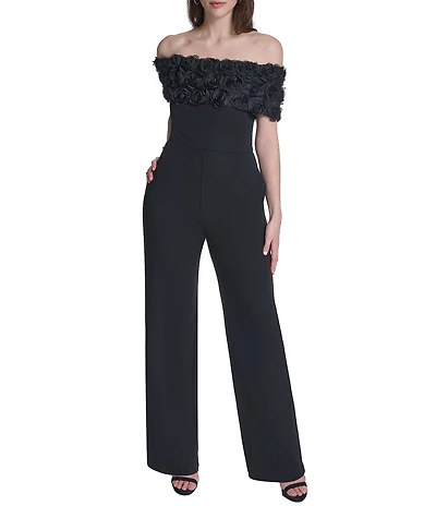 Eliza J Petite Size Off The Shoulder 3D Floral Applique Jumpsuit
