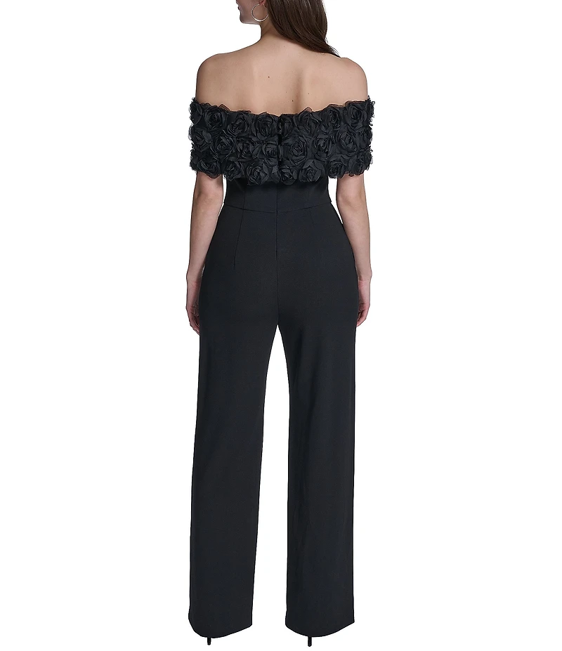 Eliza J Petite Size Off The Shoulder 3D Floral Applique Jumpsuit