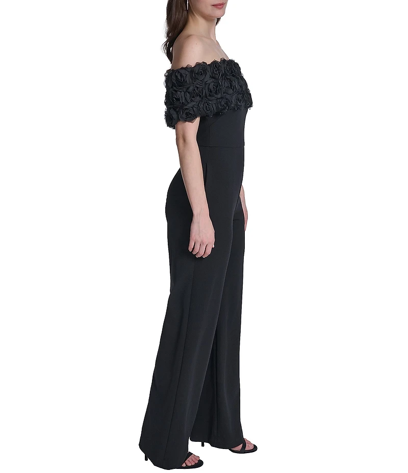 Eliza J Petite Size Off The Shoulder 3D Floral Applique Jumpsuit