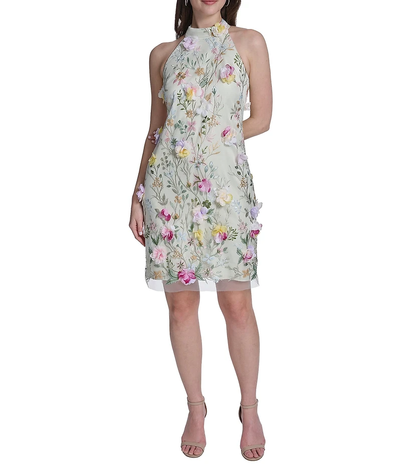 Eliza J Petite Size Sleeveless Mock Neck Embroidered 3D Floral Dress