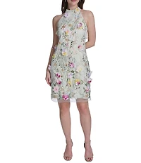 Eliza J Petite Size Sleeveless Mock Neck Embroidered 3D Floral Dress