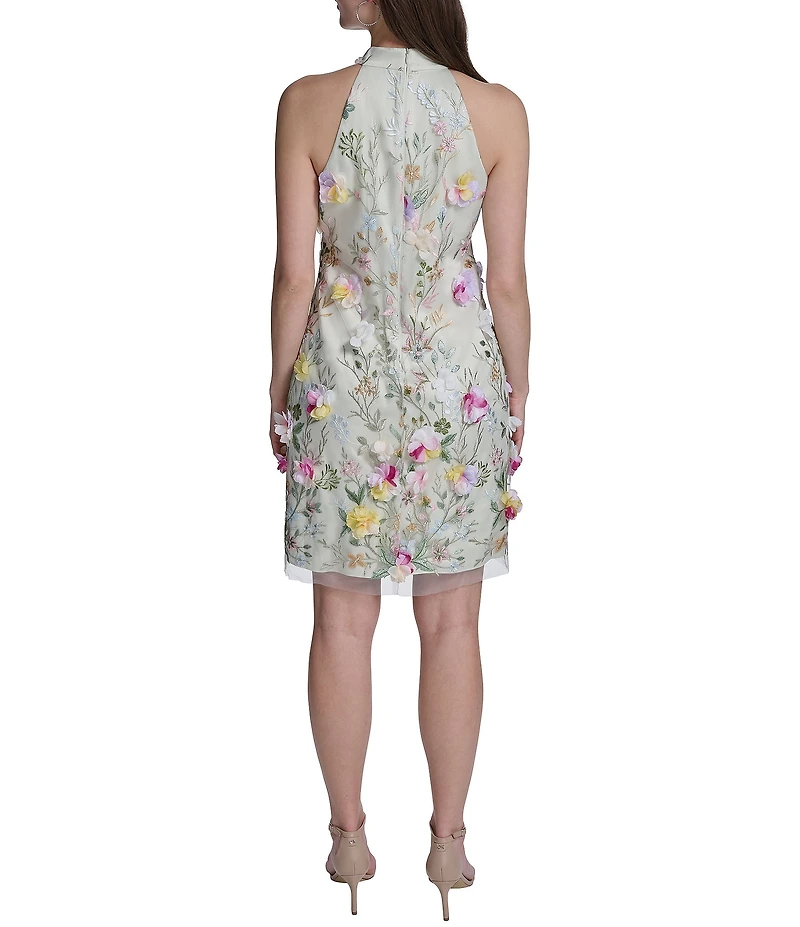 Eliza J Petite Size Sleeveless Mock Neck Embroidered 3D Floral Dress