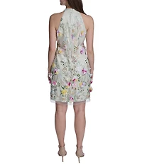 Eliza J Petite Size Sleeveless Mock Neck Embroidered 3D Floral Dress