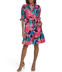 Eliza J Petite Size Smock Collar V-Neck Puff Sleeve Tiered Skirt Dress