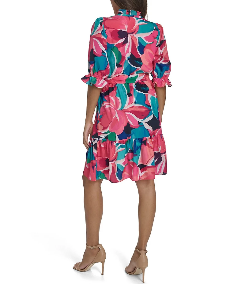 Eliza J Petite Size Smock Collar V-Neck Puff Sleeve Tiered Skirt Dress