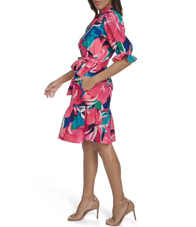 Eliza J Petite Size Smock Collar V-Neck Puff Sleeve Tiered Skirt Dress