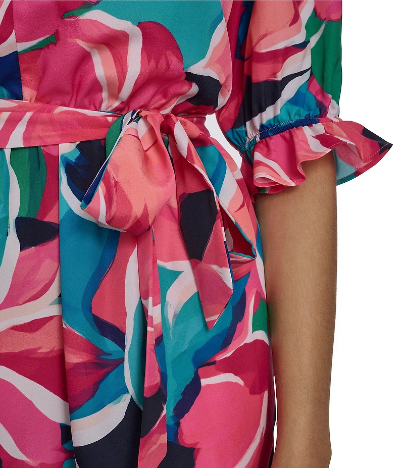 Eliza J Petite Size Smock Collar V-Neck Puff Sleeve Tiered Skirt Dress