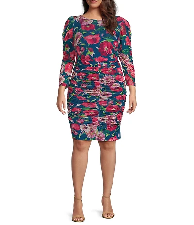 Eliza J Plus Size 3/4 Draped Sleeve Boat Neck Chandelier Skirt Floral Dress