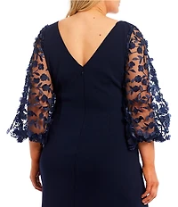 Eliza J Plus Size 3D Floral Applique 3/4 Balloon Sleeve Round Neck Sheath Gown