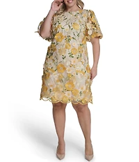 Eliza J Plus Size 3D Floral Mesh Crew Neck Puff Sleeve Sheath Dress