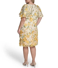 Eliza J Plus Size 3D Floral Mesh Crew Neck Puff Sleeve Sheath Dress